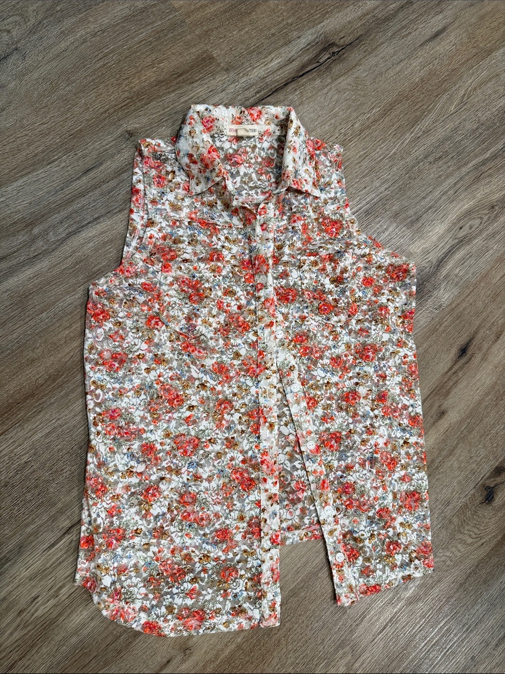Sleeveless Sheer Lace Floral Button-Up Blouse in Coral and Cream
